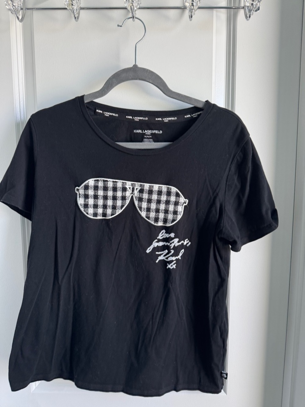Karl Lagerfeld Black Tee with Black-and-White Gingham Sunglasses Patch